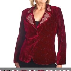 Bob Mackie Art VTG Velvet Beaded Burnout Rose Button Collared Jacket Red Large B